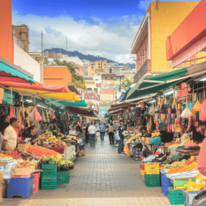 Imagen de puestos de comida en un mercado de una ciudad mexicana. Generación de imágenes con IA: Ideogram.ai