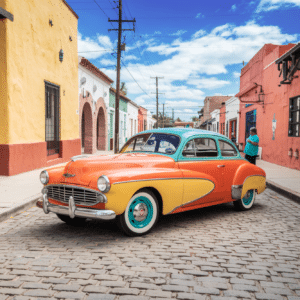 Una imagen de un elegante automóvil retro en la calle de un pueblo mexicano.