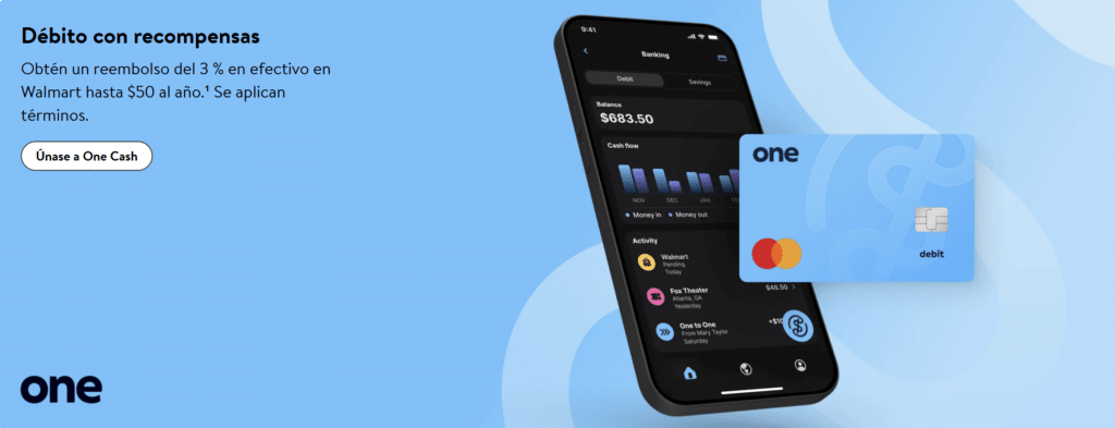 Imagen de la tarjeta de crédito OneCash de Walmart y la aplicación móvil.